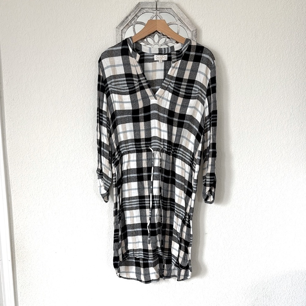 Mud Pie • Black White Plaid Shirt Dress Tie Waist Roll Tab Sleeve Tunic